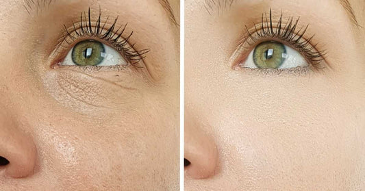 Side-by-side comparison of a person's eye with and without makeup
